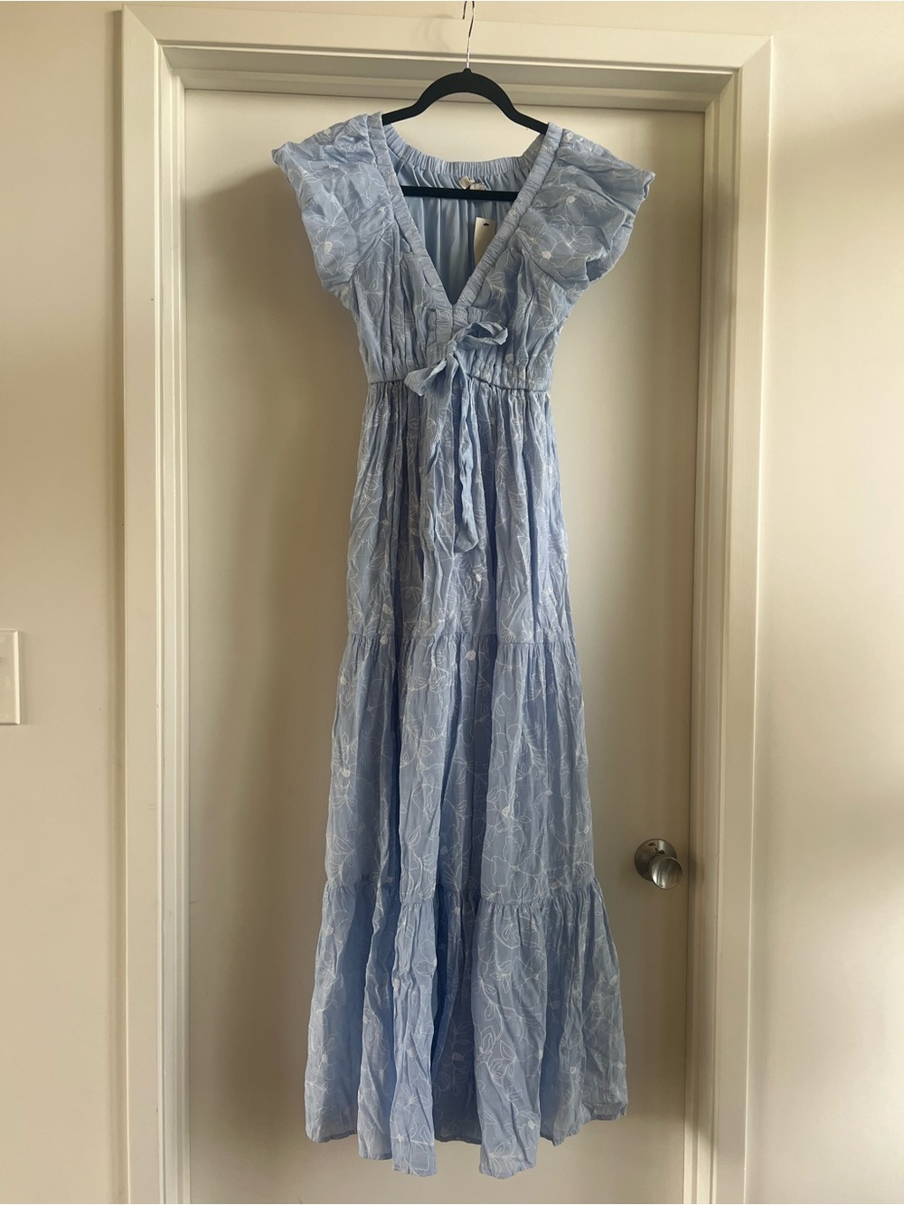 Francesca's Collections Light Blue Floral Ruffle Tie Maxi Dress